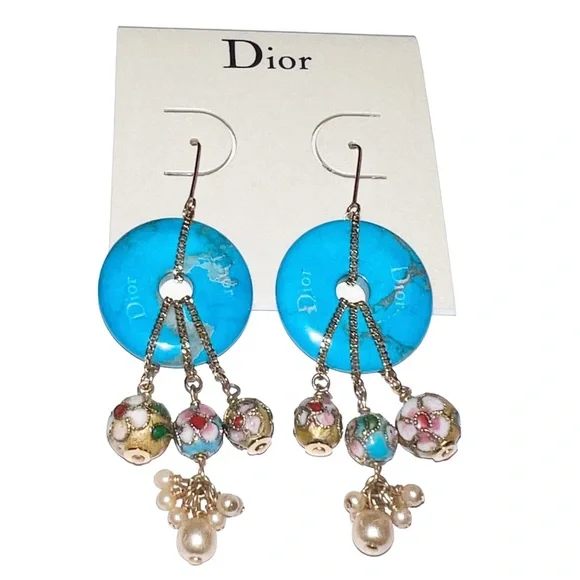 AUTH VTG 2006 Christian Dior Gold Hook Drop Dangle Blue Gemstone Boho Earrings - Picture 1 of 11